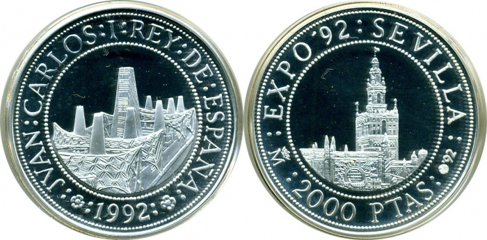 (1992) Монета Испания 1992 год 2000 песет &quot;ЭКСПО 1992 Севилья&quot;  Серебро Ag 925  PROOF