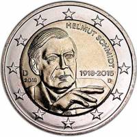 (019) Монета Германия (ФРГ) 2018 год 2 евро "Гельмут Шмидт" Двор D Биметалл  UNC