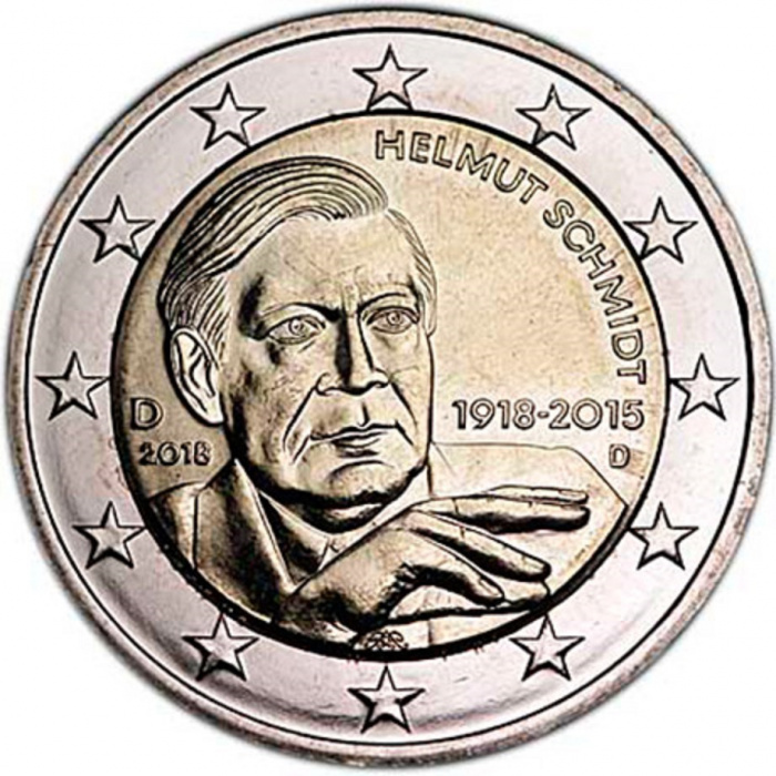 (019) Монета Германия (ФРГ) 2018 год 2 евро &quot;Гельмут Шмидт&quot; Двор D Биметалл  UNC