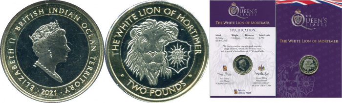 (2021) Монета Британская терр в Инд океане 2021 год 2 фунта &quot;Белый лев Мортимера&quot;  Биметалл  Буклет