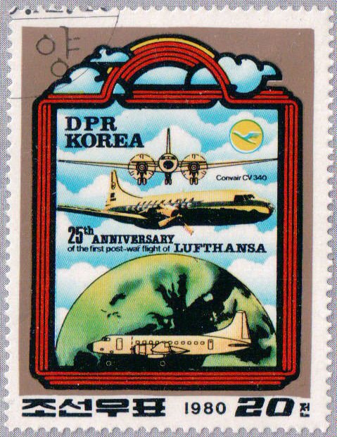(1980-124a) Лист (9 м 3х3) Северная Корея "CV 340"   Авиакомпания Люфтганза III &Theta;
