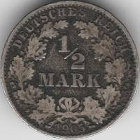 1905A Монета Германия Пруссия 1/2 марки  Серебро Ag 900  VF