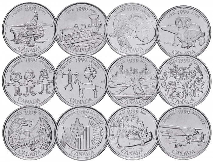 (1999, 12 монет по 25 центов) Набор монет Канада 1999 год &quot;Миллениум 12 месяцев&quot;   UNC
