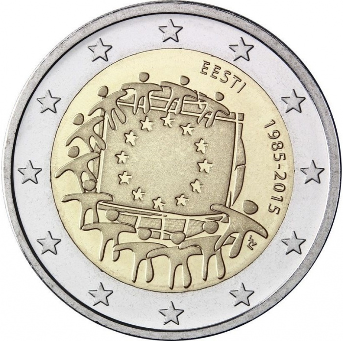 (002) Монета Эстония 2015 год 2 евро &quot;30 лет флагу Европы&quot;  Биметалл  UNC