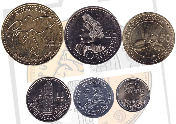 (2000-2008, 6 монет, 1 5 10 25 50 сантимов и 1 кетсаль) Набор монет Гватемала 2000-2008 год    UNC