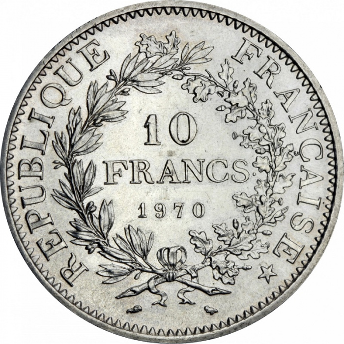 (1970) Монета Франция 1970 год 10 франков &quot;Геркулес&quot;  Серебро Ag 900  XF