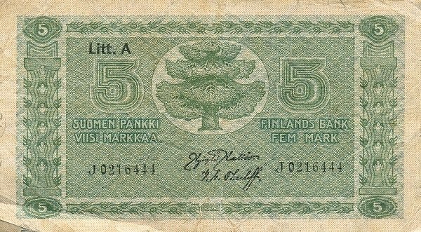 (,) Банкнота Финляндия 1926 год 5 марок    UNC