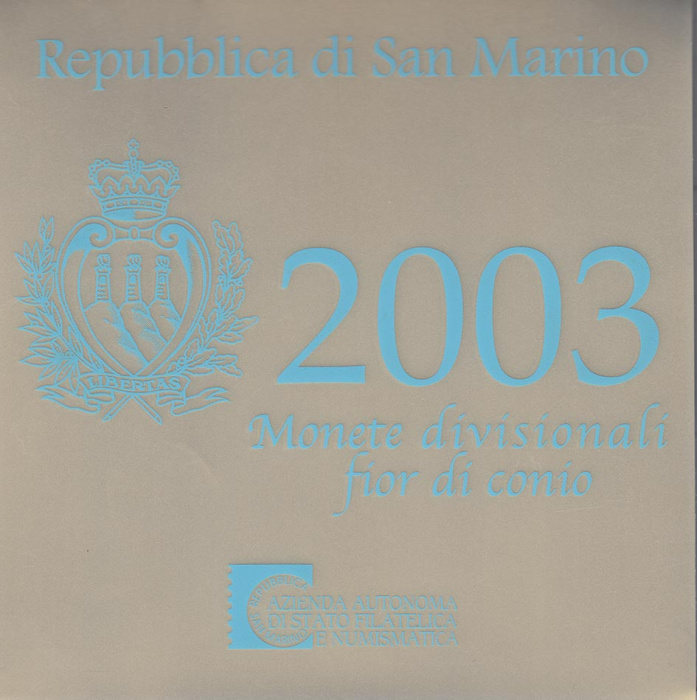 (2003, 9 монет) Набор монет Сан-Марино 2003 год &quot;Три грации&quot;  Буклет незначительно поверждён