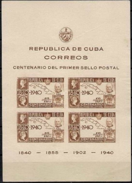 (№2) Блок марок Куба 1940 год &quot;100-летию марки&quot;, Гашеный