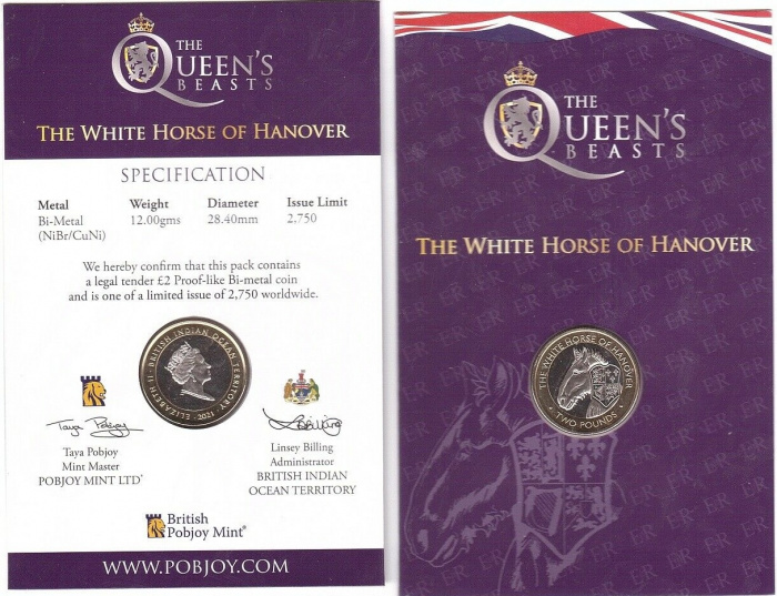 (2021) Монета Британская терр в Инд океане 2021 год 2 фунта &quot;Белая лошадь Ганновера&quot;  Медь-Никель  Б