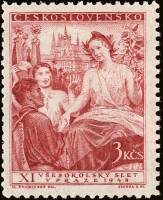 (1948-005) Марка Чехословакия "Девушка в венке (Красная)"    11 Сокол конгресс, Прага III O