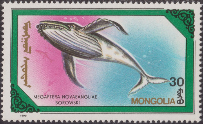 (1990-034) Марка Монголия &quot;Горбатый кит&quot;    Киты и дельфины III Θ