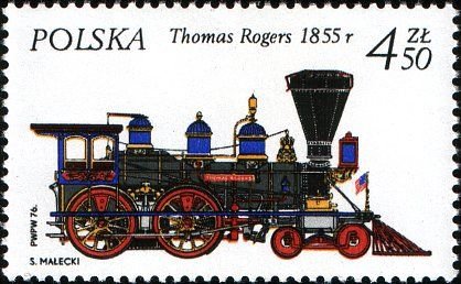 (1976-013) Марка Польша &quot;Локомотив &quot;Томас Роджерс&quot; (1855)&quot;    История локомотива III Θ