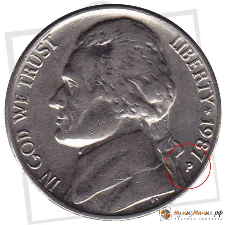 (1987p) Монета США 1987 год 5 центов   Томас Джефферсон Медь-Никель  VF