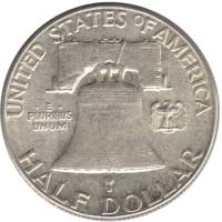 (1958) Монета США 1958 год 50 центов   Бенджамин Франклин Серебро Ag 900  VF