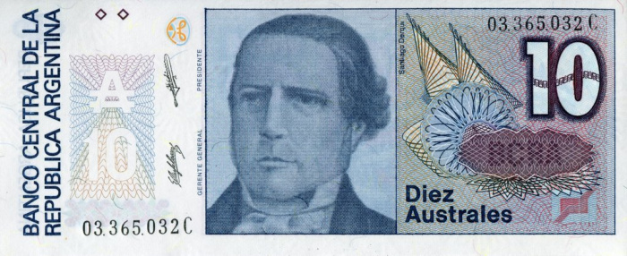 (1987) Банкнота Аргентина 1987 год 10 аустралей &quot;Сантьяго Дерки&quot;   UNC
