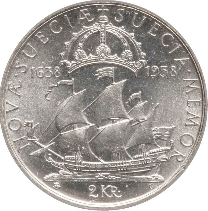 (1938) Монета Швеция 1938 год 2 кроны &quot;Шведские поселения в Делавере. 300 лет&quot;  Серебро Ag 800  UNC