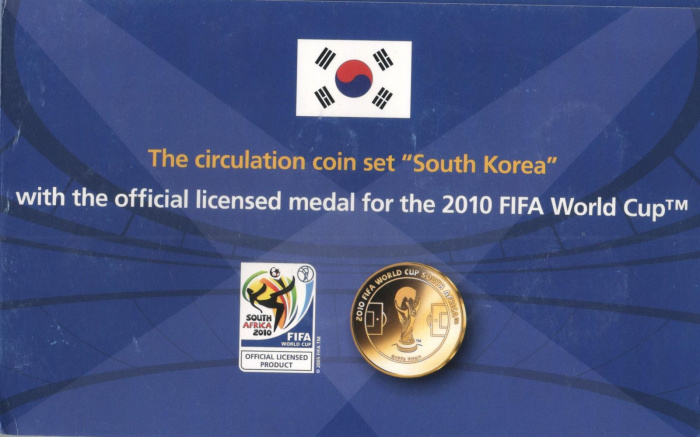 (1983-2008, 6 монет + медаль) Набор монет Южная Корея 1983-2008 год &quot;ЧМ по футболу ЮАР 2010&quot;  Буклет