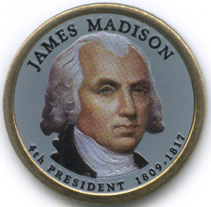 (04p) Монета США 2007 год 1 доллар &quot;Джеймс Мэдисон&quot;  Вариант №1 Латунь  COLOR. Цветная