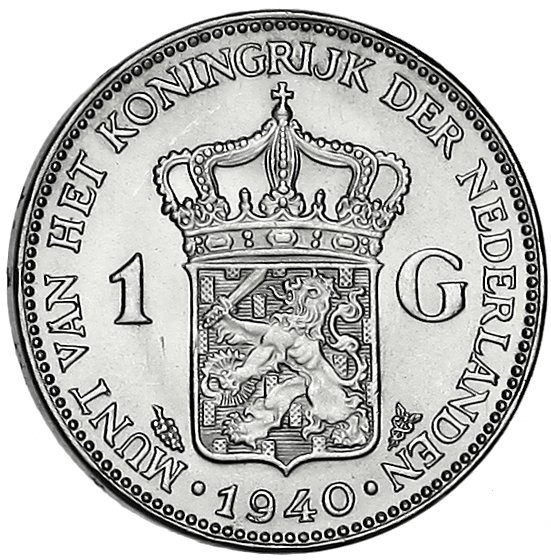 (1940) Монета Нидерланды (Голландия) 1940 год 1 гульден &quot;Королева Вильгельмина&quot;  Серебро Ag 720  UNC