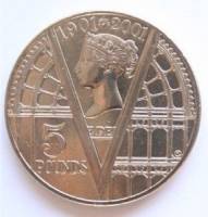 (1999) Монета Великобритания 2001 год 5 фунтов "Королева Виктория 100 лет смерти"  Медь-Никель  UNC