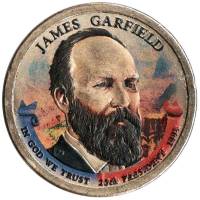 20p Монета США 2011 год 1 доллар Джеймс Абрахам Гарфилд  Вариант №2 Латунь  COLOR. Цветная
