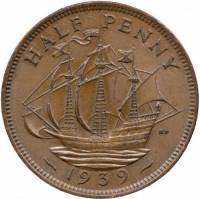 (1939) Монета Великобритания 1939 год 1/2 пенни "Галеон Золотая лань"  Медь  XF