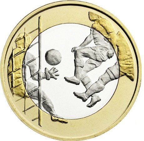 (051) Монета Финляндия 2016 год 5 евро &quot;Футбол&quot; 2. Диаметр 27,25 мм Биметалл  UNC