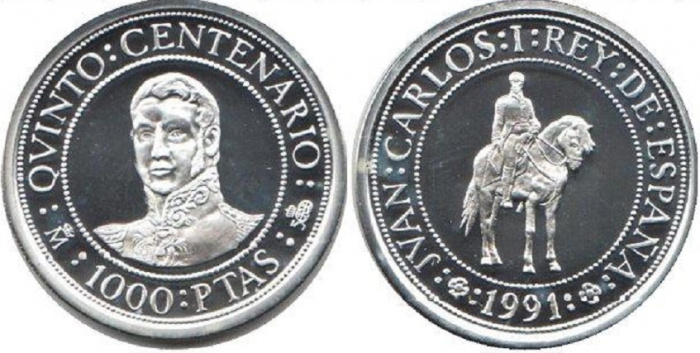 (1991) Монета Испания 1991 год 1000 песет &quot;Открытие Америки 500 лет&quot;  Серебро Ag 925  PROOF
