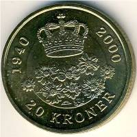 (№2000km885) Монета Дания 2000 год 20 Kroner (60-й день рождения королевы Маргрете II)