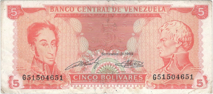 (1989) Банкнота Венесуэла 1989 год 5 боливаров &quot;Сомон Боливар и Франсиско Миранда&quot;   VF