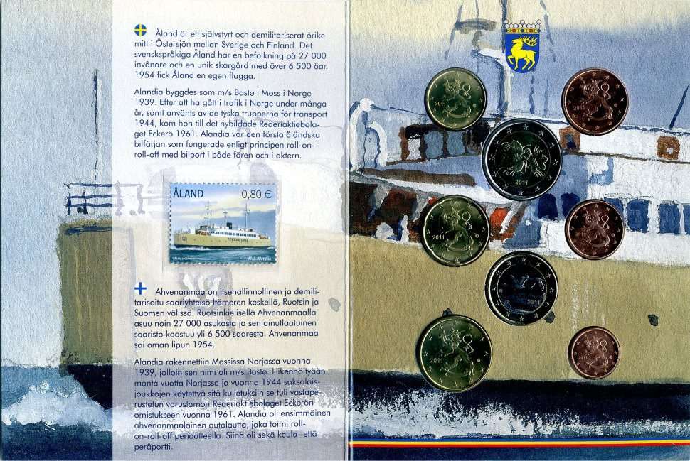 (2011, 8 монет + марка) Набор монет Финляндия 2011 год &quot;Аландские острова&quot;   Буклет с маркой