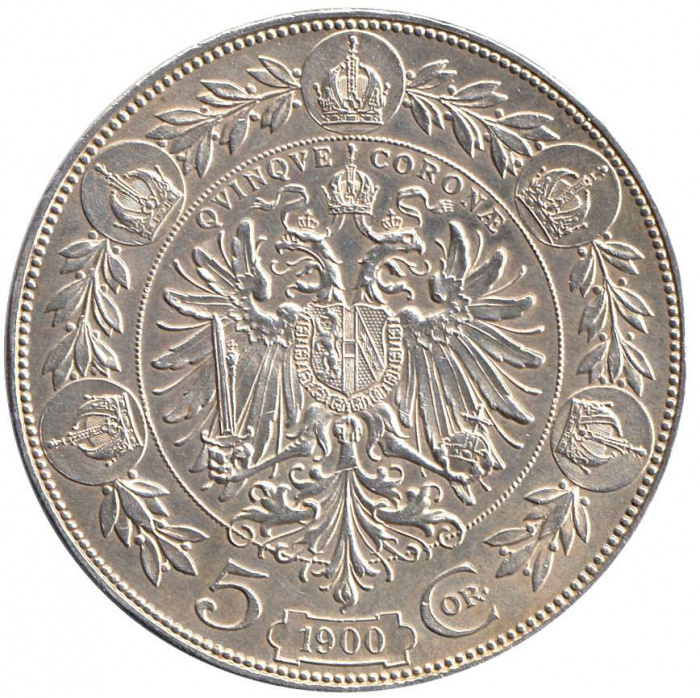 Монета Австро-Венгрия 5 крон 1900 год &quot;Франц Иосиф I - Император Австро-Венгрии&quot; Короны по кругу XF