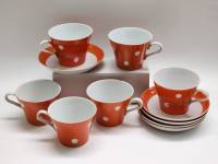 Чайный сервиз Пролетарий оранжевый в белый горошек 5 чайных пар и чашка