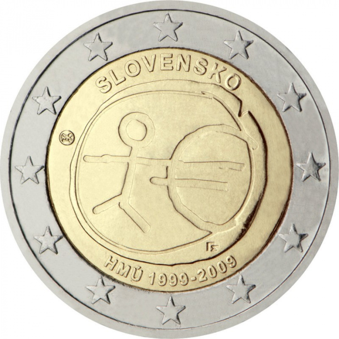 (001) Монета Словакия 2009 год 2 евро &quot;Экономический союз 10 лет&quot;  Биметалл  UNC