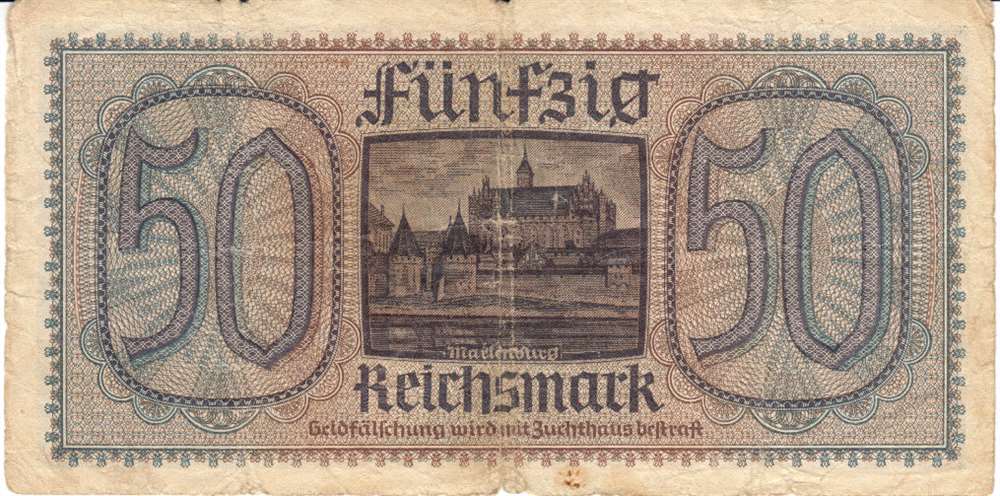 (1939) Банкнота Германия (Оккупация Европы) 1939 год 50 марок &quot;Крестьянка&quot;   VF