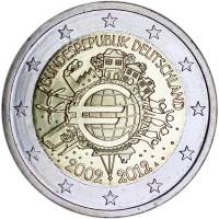 (009) Монета Германия (ФРГ) 2012 год 2 евро "10 лет наличному обращению Евро" Двор A Биметалл  UNC
