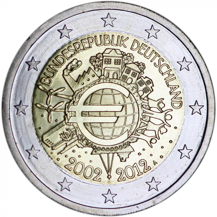 (009) Монета Германия (ФРГ) 2012 год 2 евро &quot;10 лет наличному обращению Евро&quot; Двор A Биметалл  UNC