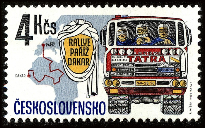 (1989-005) Марка Чехословакия &quot;Татра и карта гонки&quot;    Ралли Париж-Дакар. Чехословацкие грузовики на