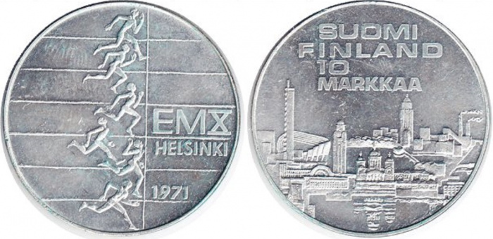 (1971) Монета Финляндия 1971 год 10 марок &quot;ЧЕ по лёгкой атлетике Хельсинки&quot;  Серебро Ag 500  UNC