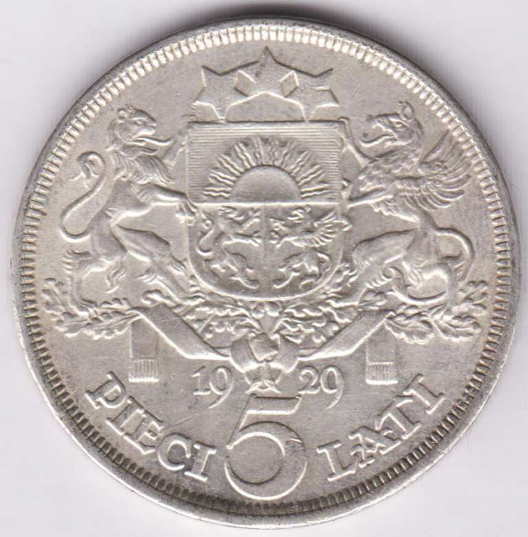 (1929) Монета Латвия 1929 год 5 лат &quot;Милда&quot;  Серебро Ag 835  XF