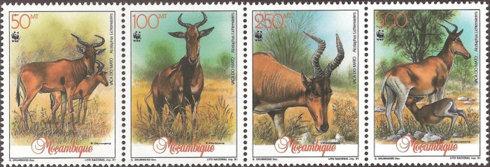 (№1991-1231) Лист марок Мозамбик 1991 год &quot;Lichtenstein039s Бубал Alcelaphus lichtensteini&quot;, Гашеный
