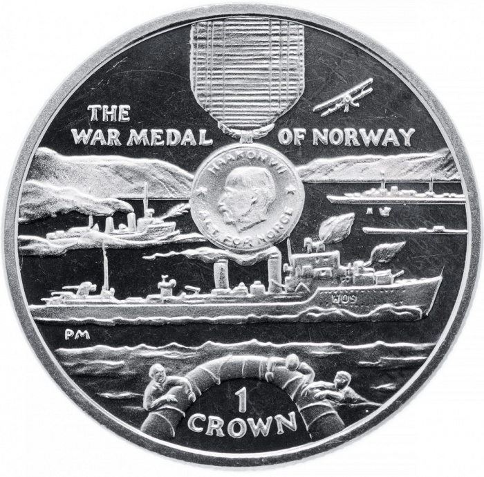 (2004) Монета Остров Мэн 2004 год 1 крона &quot;Военная медаль Норвегии&quot;  Серебро Ag 925  PROOF