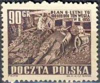 (1951-036) Марка Польша "Добыча угля (Лилово-коричневая)"   Шестилетний план: горная промышленность 