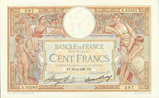 (№1937P-78c.13) Банкнота Франция 1937 год &quot;100 Francs&quot;