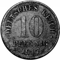 (№1917km25) Монета Германия (Германская Империя) 1917 год 10 Pfennig