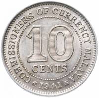 (1941) Монета Малайя 1941 год 10 центов "Георг VI"  Серебро Ag 750  UNC