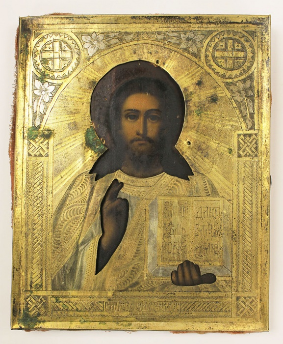 Икона старинная Господь Вседержитель, оклад, дерево, тканевая обивка (см. фото)