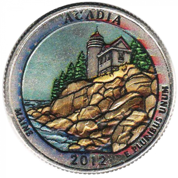 (013p) Монета США 2012 год 25 центов &quot;Акадия&quot;  Вариант №2 Медь-Никель  COLOR. Цветная