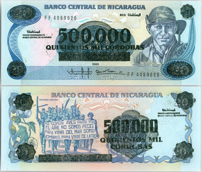 (1990) Банкнота Никарагуа 1990 год 500 000 кордоба &quot;Надп на 20 кордоба 1985&quot;   UNC